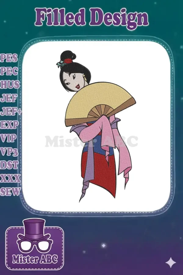 Vibrant embroidery of Disney's Mulan in traditional attire, holding a golden fan, perfect for decorative projects.