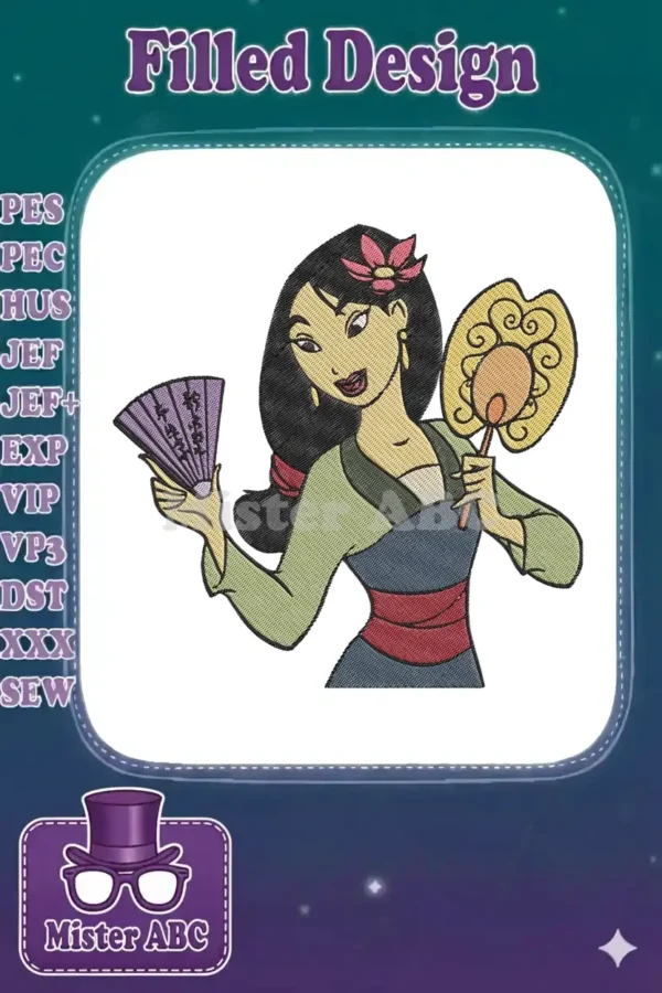 Vibrant embroidery design featuring Disney's Mulan in traditional attire, holding two ornate fans with intricate details.