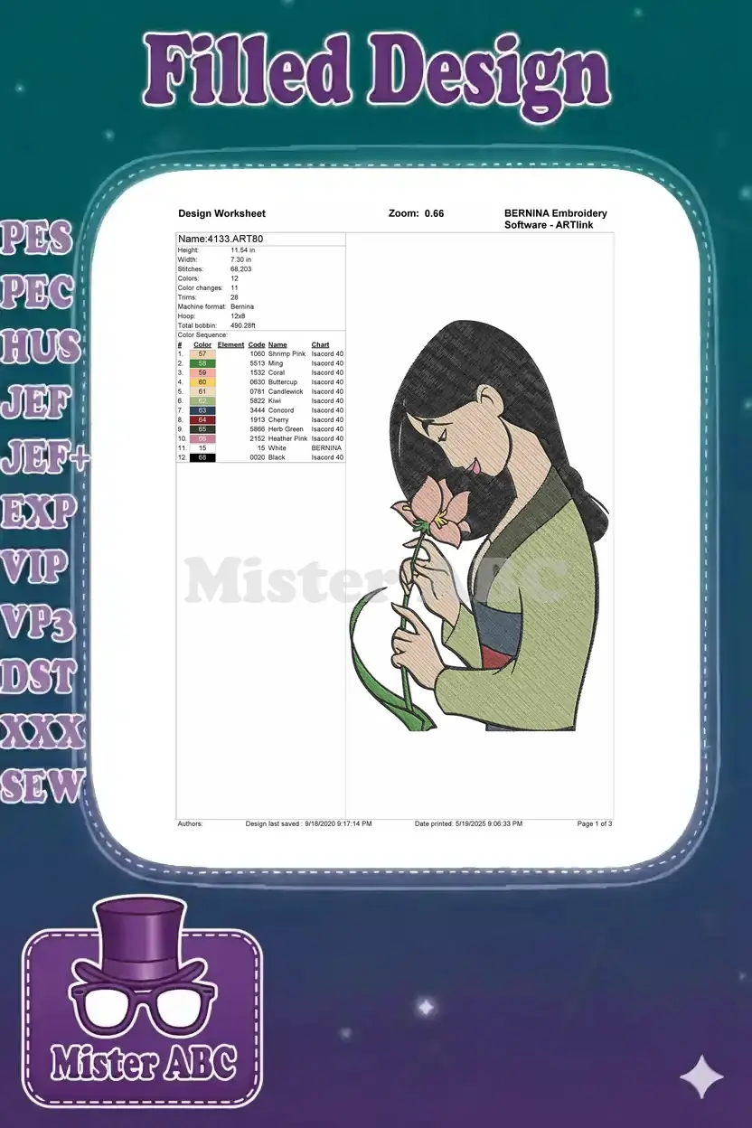 Embroidery design worksheet for Mulan, showing stitch details, dimensions, color sequence chart, and thread codes.