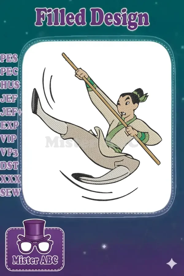 Mulan in her 'Ping' disguise, performing a dynamic martial arts kick with a staff, captured in detailed embroidery.
