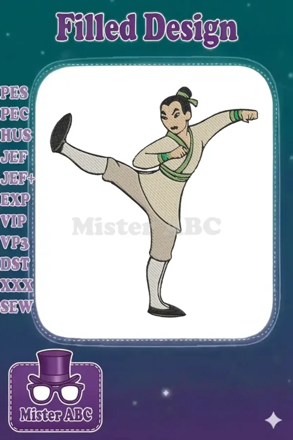 Detailed embroidery of Shang from Mulan in a powerful martial arts high-kick pose, showcasing satin and fill stitches.
