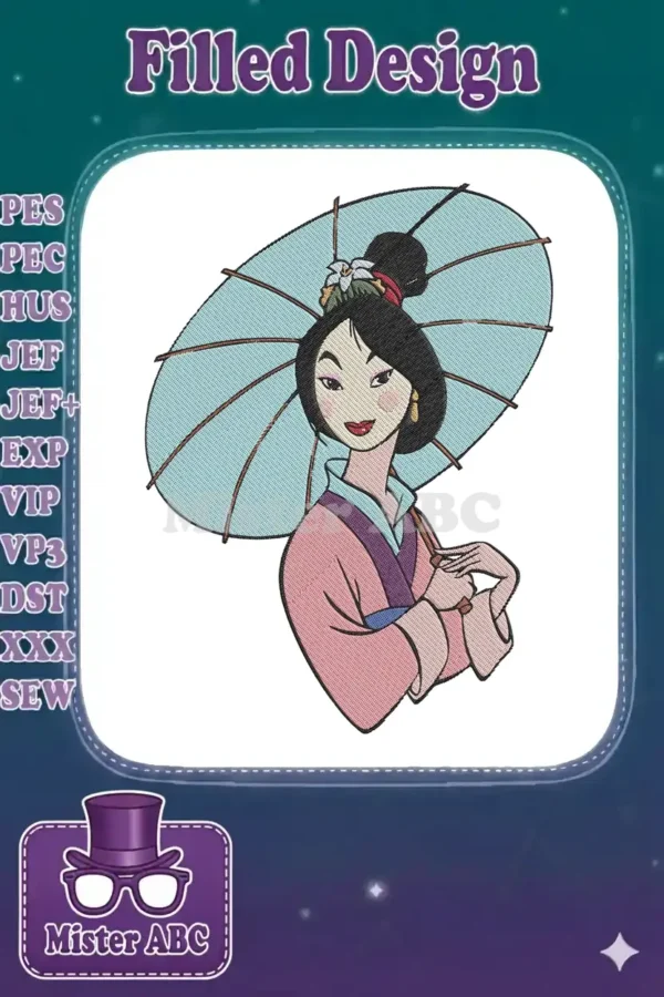 Detailed embroidery design of Mulan in traditional attire, holding a light blue parasol, showcasing intricate stitching.