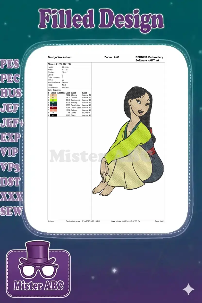 Design worksheet for Mulan embroidery, detailing precise dimensions, stitch count, thread colors, and a clear design preview.