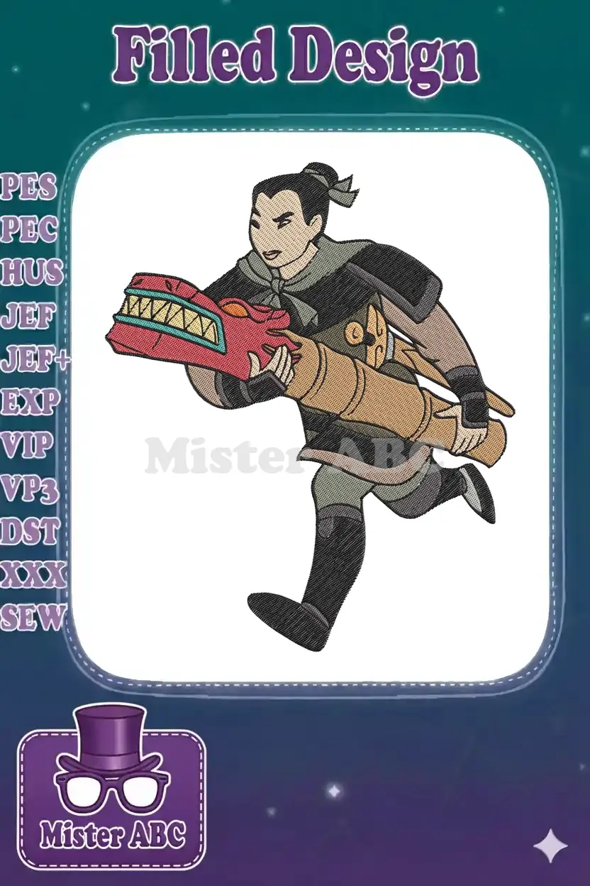 Dynamic Mulan embroidery design, charging forward with a dragon firework launcher, showcasing incredible detail.