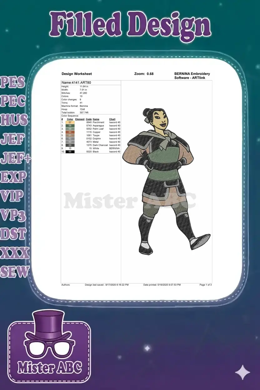 Comprehensive embroidery design worksheet for Mulan, detailing thread colors, stitch count, dimensions, and machine format for precise execution.