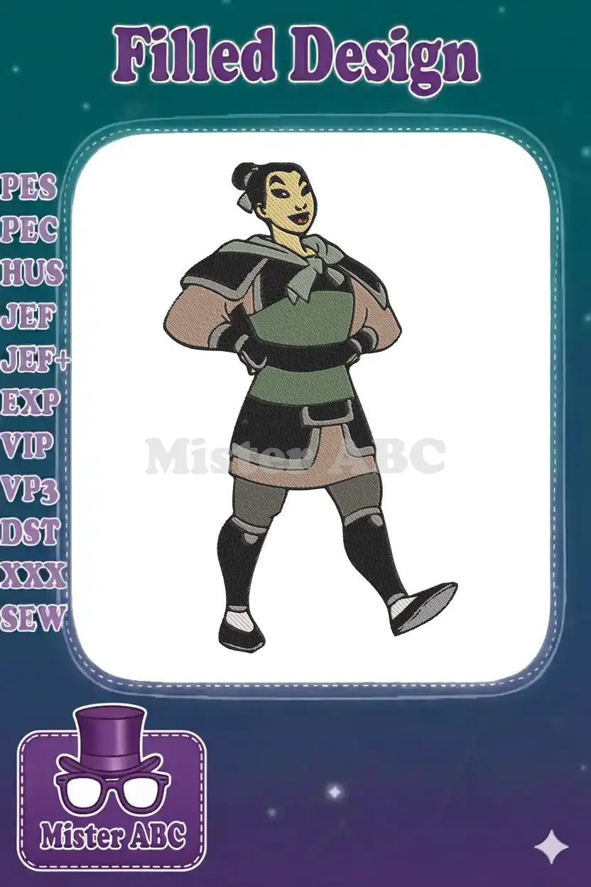 Detailed embroidery design of Mulan, the Disney warrior, standing heroically with hands on hips, showcasing vibrant colors and intricate stitching.