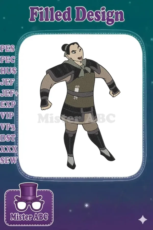 Detailed embroidery of Mulan in her warrior attire, showcasing her determined expression and combat readiness.