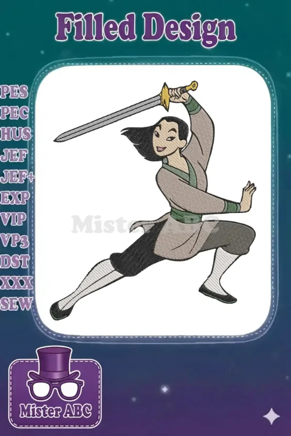 Full-body embroidery of Mulan in a dynamic pose, holding a sword above her head, ready for battle.