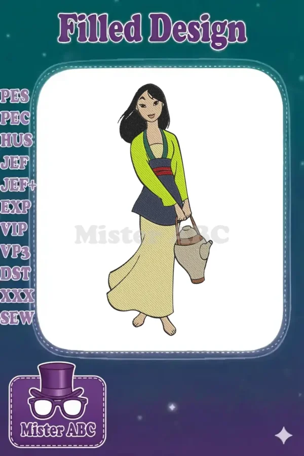 Vibrant Mulan embroidery design, depicting the beloved warrior princess in her traditional outfit holding a teapot.