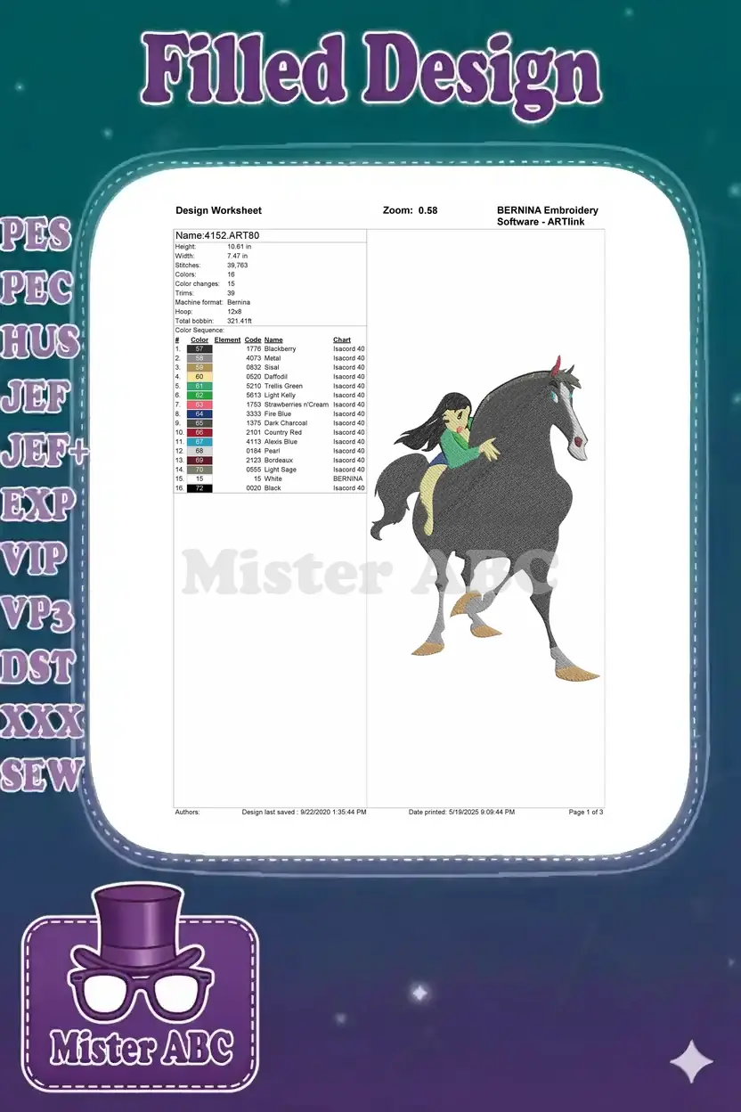 Embroidery design worksheet for '4152.ART80' detailing dimensions, 32,763 stitches, 16 colors, and a complete color chart.