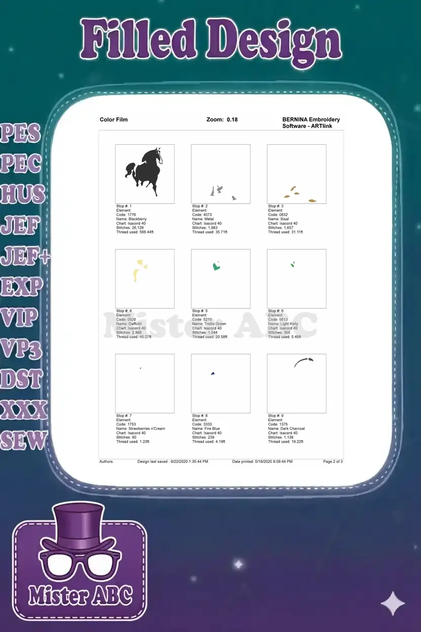 Color film page displaying the initial 9 embroidery stops, showing individual elements, stitch counts, and thread details.