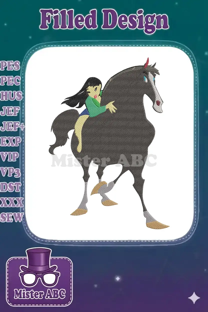 A vibrant embroidery of a dark-haired girl in a green top riding a majestic black horse, symbolizing courage and adventure.