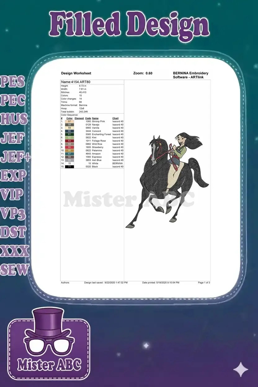 Embroidery design worksheet for Mulan and horse, detailing dimensions, stitch count, color chart, and thread types.