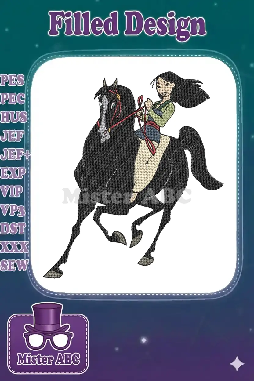 Mulan, a Disney princess, riding confidently on a majestic black horse, captured in a vibrant embroidery design.