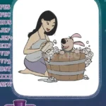 Woman bathing happy dog in bubbly wooden tub embroidery designs - Instant Download
