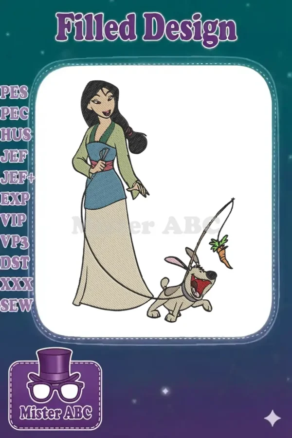 Full-color Mulan embroidery design, elegant in traditional attire, with a playful dog chasing a carrot on a stick.