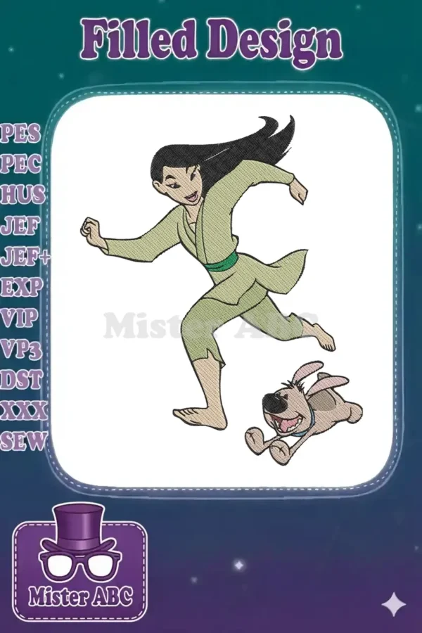 Dynamic Mulan and Little Brother embroidery design, capturing a joyful run with vibrant colors and detailed stitching.