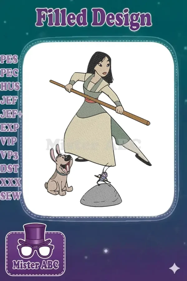 Dynamic Mulan embroidery design with staff, Cri-Kee, and Little Brother, showcasing detailed character work.
