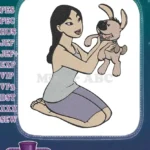 Smiling woman kneeling holding happy cute dog embroidery designs - Instant Download