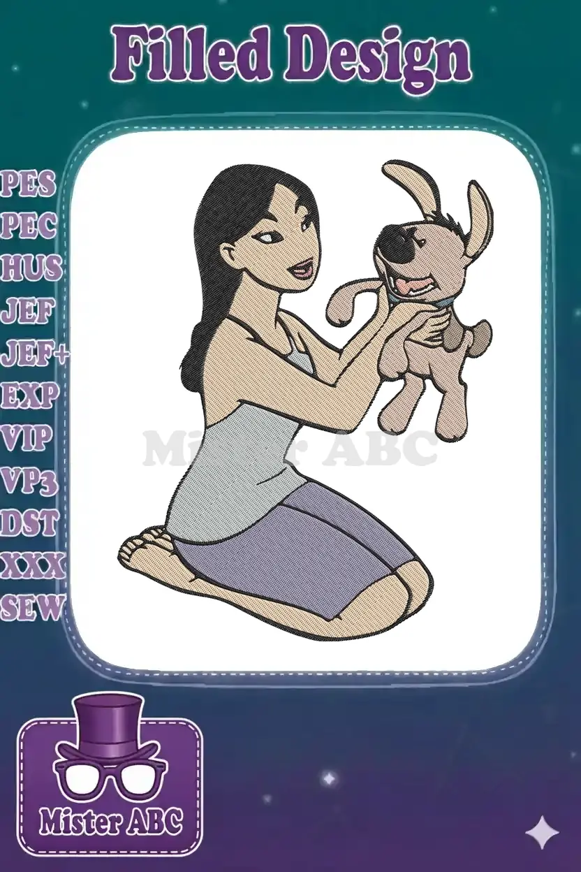 Embroidered design of a young woman kneeling, gently holding a small, happy dog, symbolizing companionship and joy.