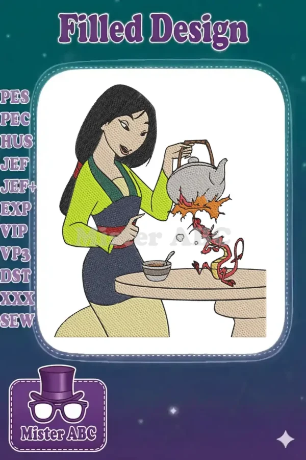 Vibrant embroidery of Mulan pouring tea while a surprised Mushu dragon reacts playfully, a delightful Disney scene.