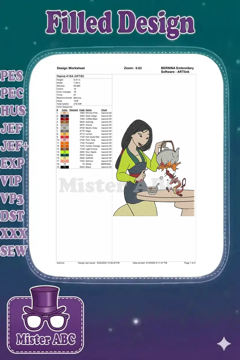 Embroidery design worksheet for Mulan and Mushu, showing dimensions, stitch count, and color sequence chart.
