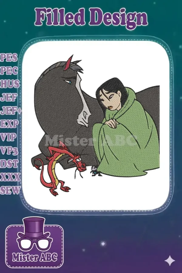 Mulan in a green cloak, kneeling beside her horse Khan, with Mushu the dragon and Cri-Kee nearby.