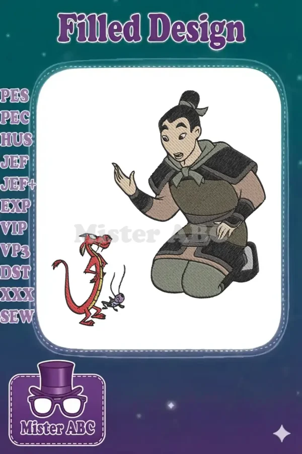 Mulan kneeling in soldier attire, gesturing towards Mushu the dragon and Cri-Kee cricket, a vibrant embroidery design.