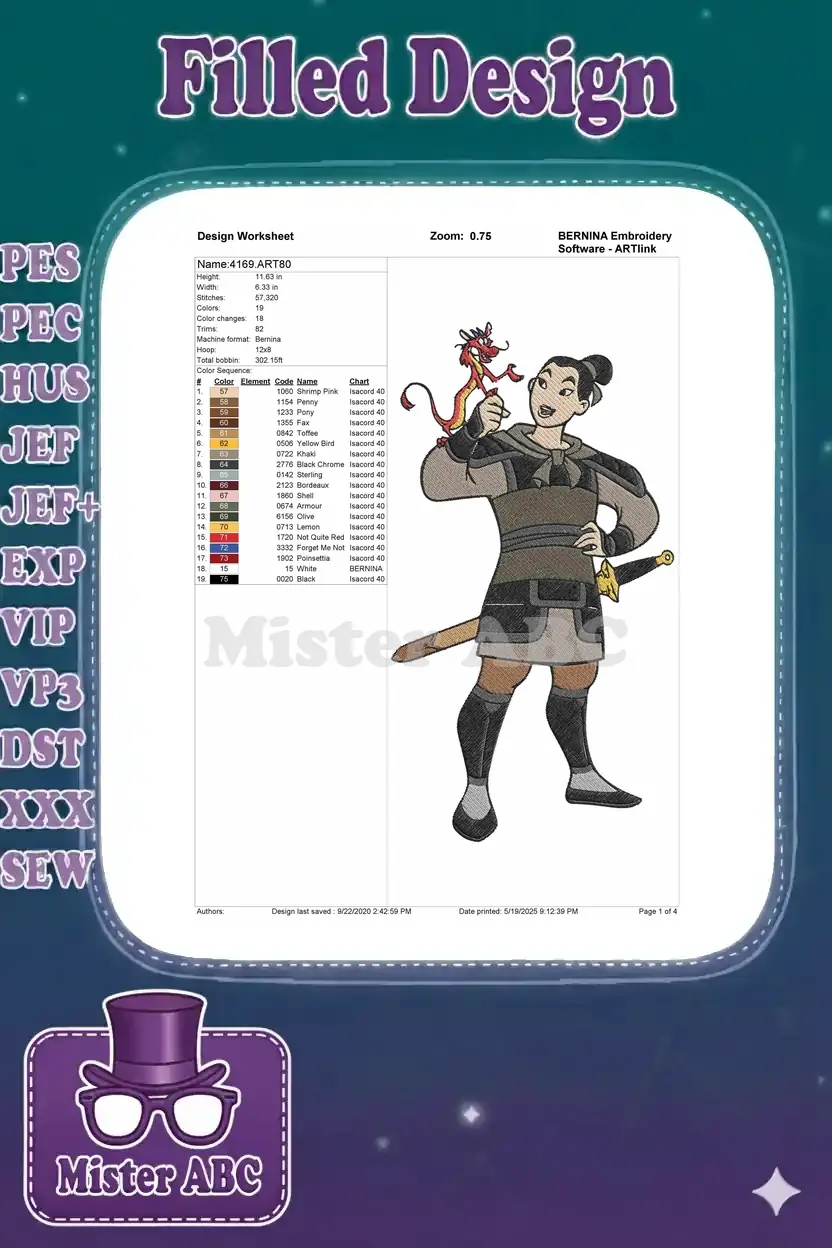 Detailed embroidery design worksheet for Mulan and Mushu, showing stitch count, dimensions, and full color chart.
