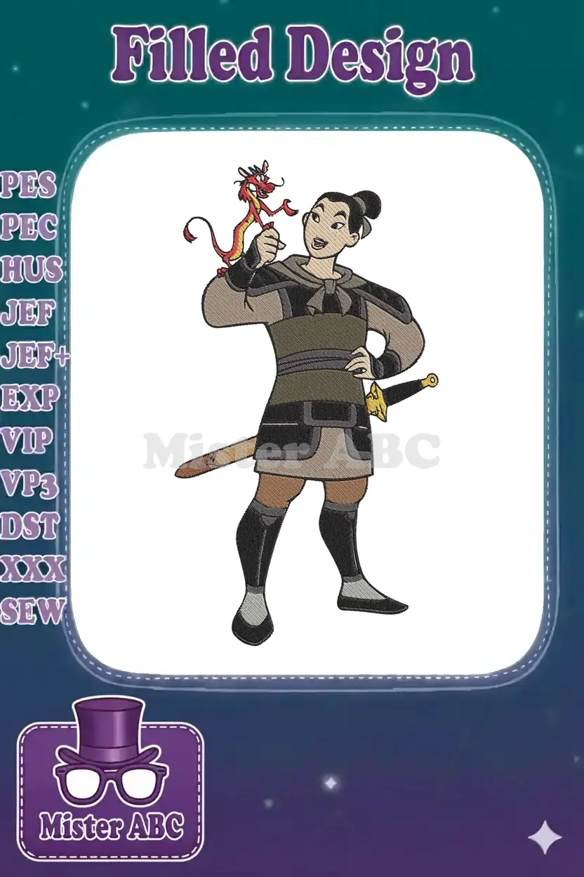 A vibrant, detailed embroidery design featuring Mulan in her soldier attire, smiling with Mushu the dragon on her shoulder.