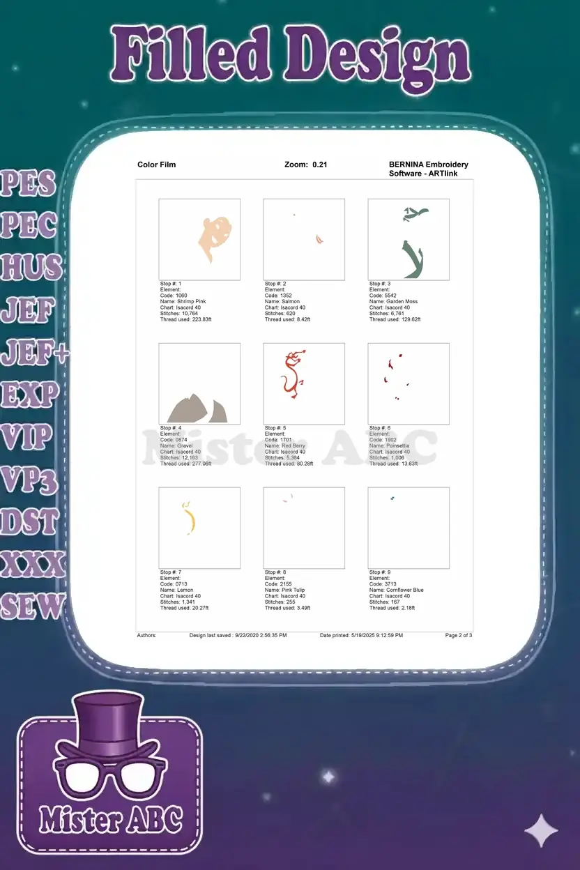 First page of the color film for Mulan and Mushu, showing individual color elements and stitch counts.
