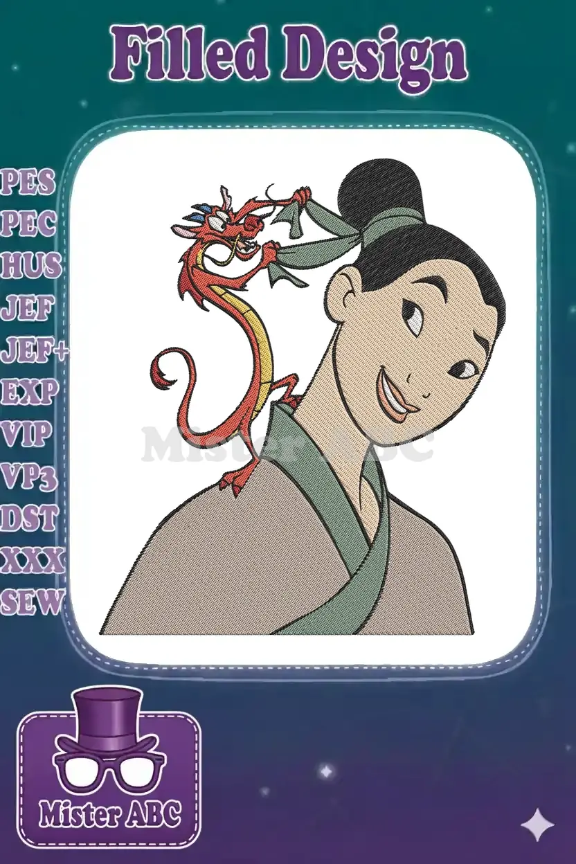 A delightful embroidery design featuring Disney's Mulan smiling with Mushu on her shoulder, holding her hair ribbon.