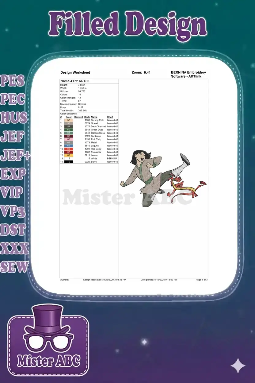 Embroidery design worksheet for Mulan and Mushu, showing dimensions, stitch count, and color sequence details.