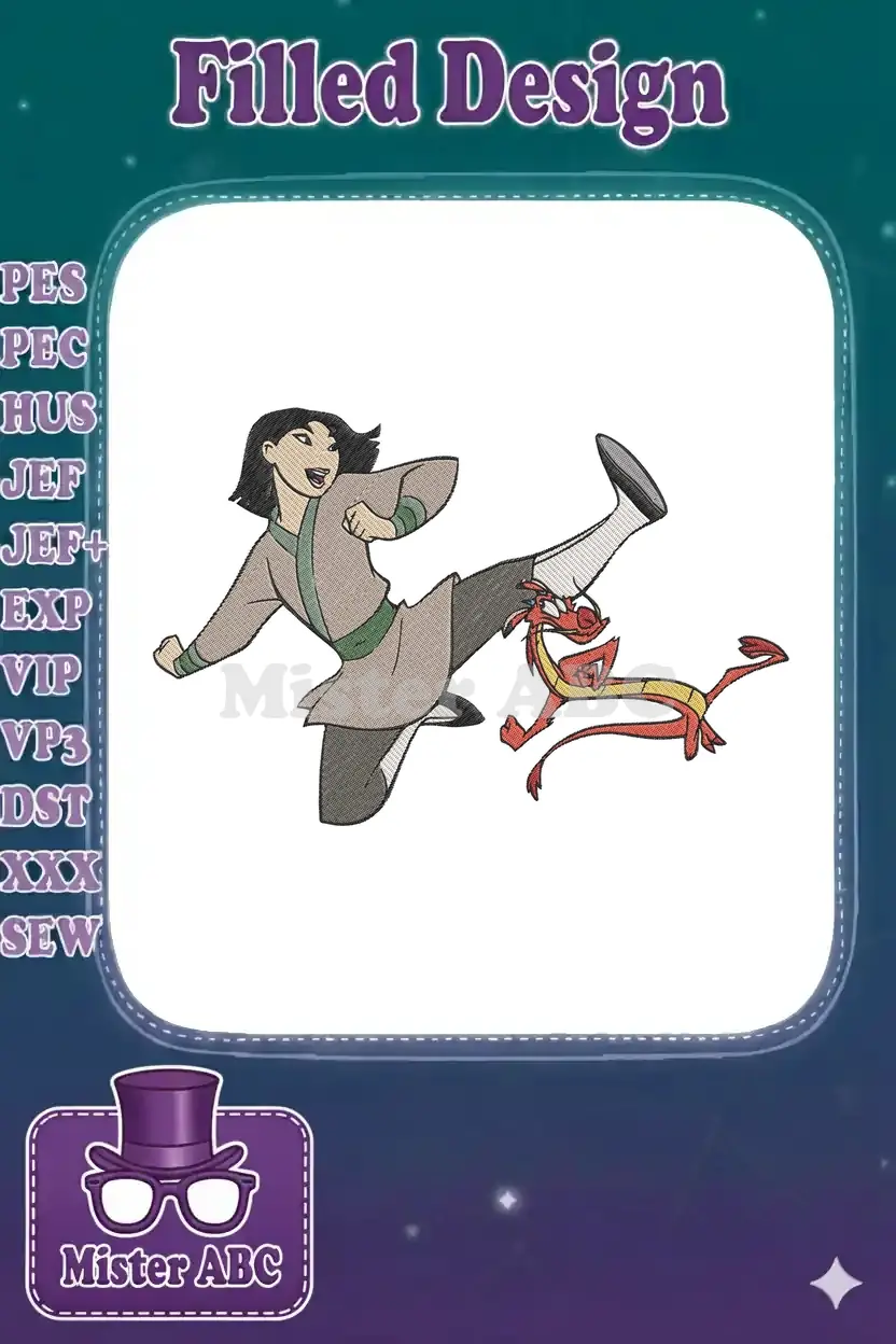 Mulan in a powerful kick alongside Mushu, a vibrant embroidery design capturing their heroic adventure.