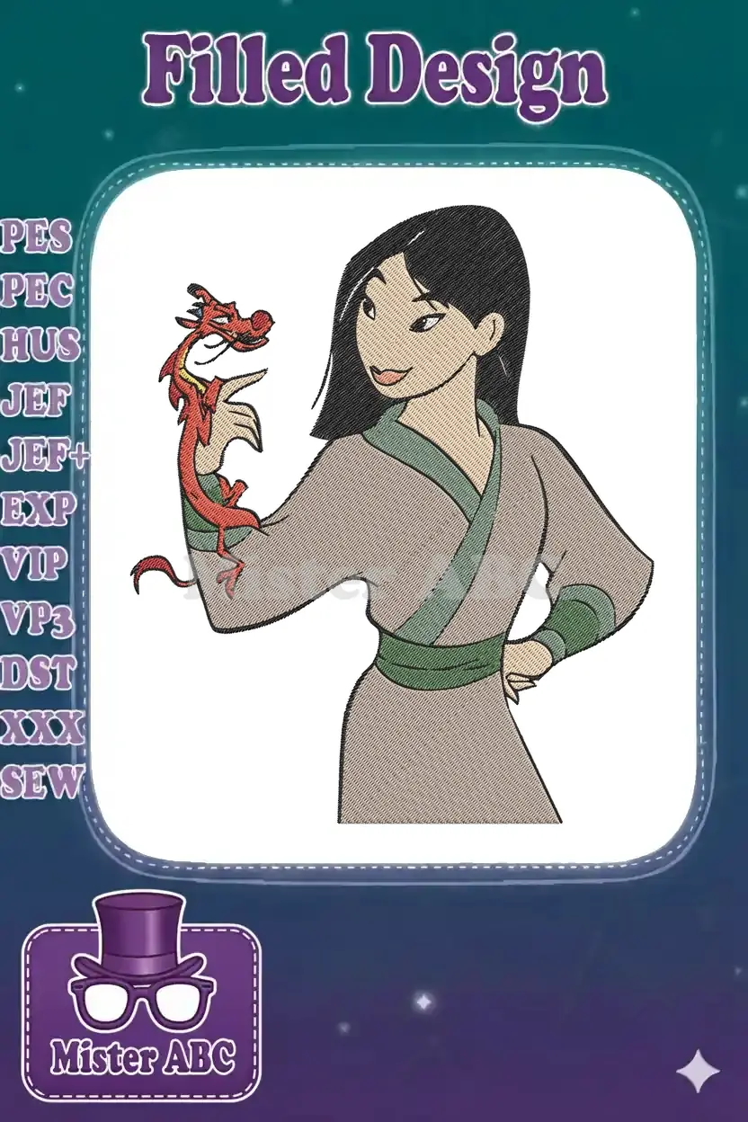 Mulan from Disney's classic animated film, standing confidently with her loyal dragon companion, Mushu, on her arm.