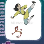 Mulan Kicking Action Pose with Mushu Dragon Embroidery Designs - Instant Download