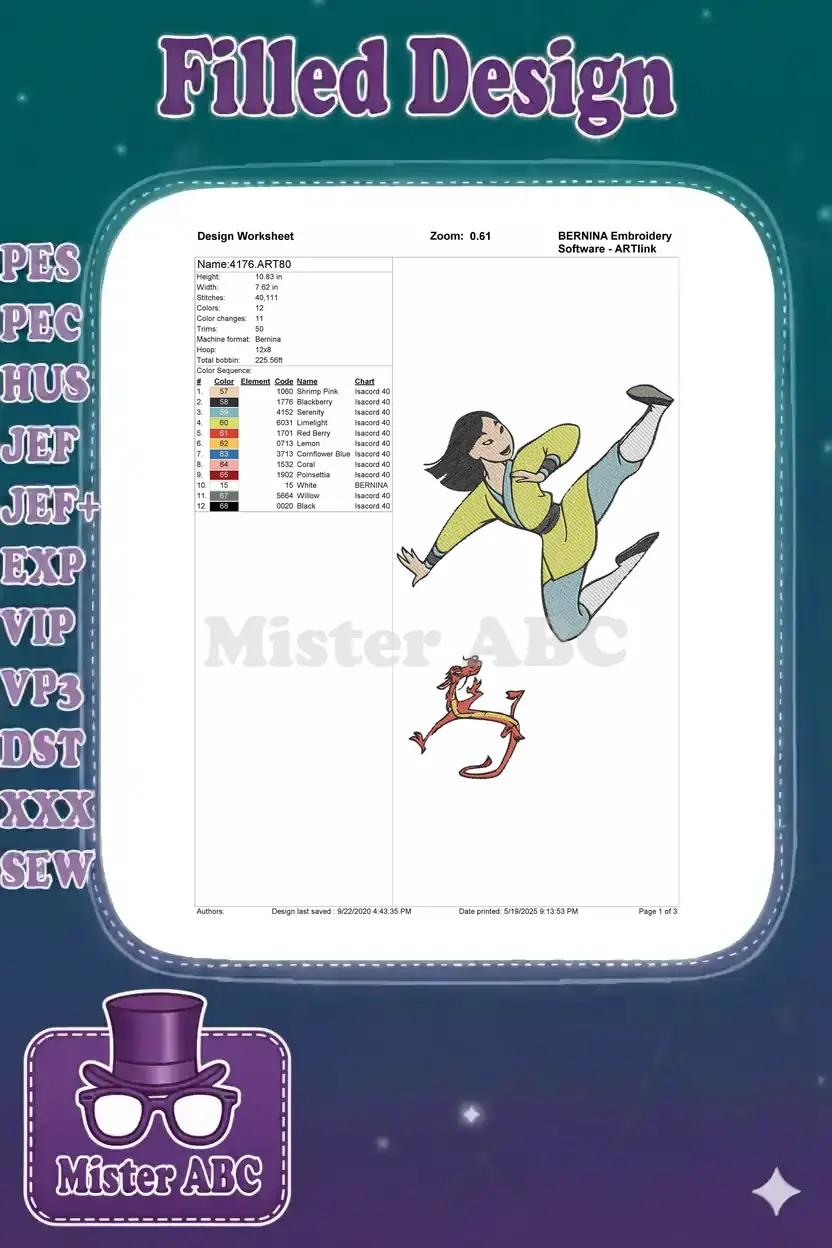 Embroidery design worksheet for Mulan and Mushu, detailing stitch count, dimensions, and thread colors.