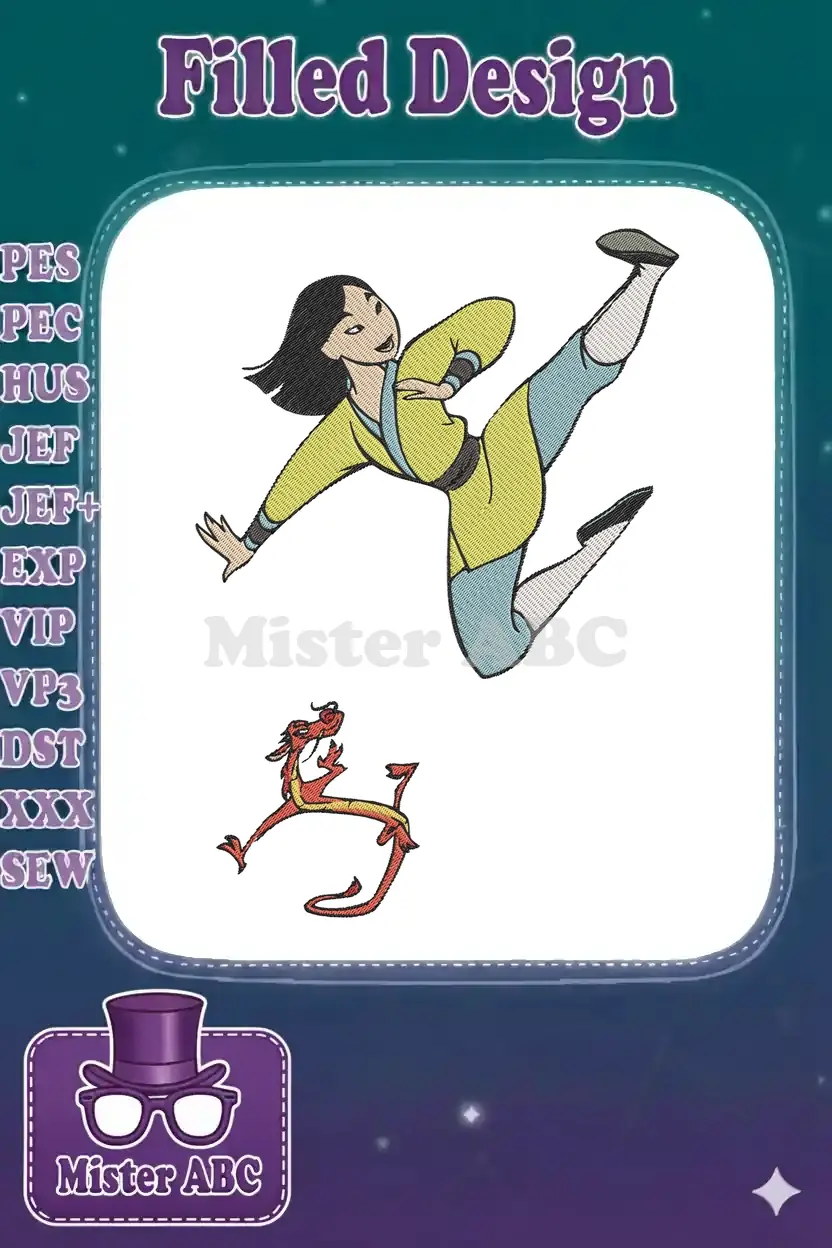 Mulan in a powerful kicking pose with Mushu, an intricate embroidery design showcasing vibrant colors and detail.