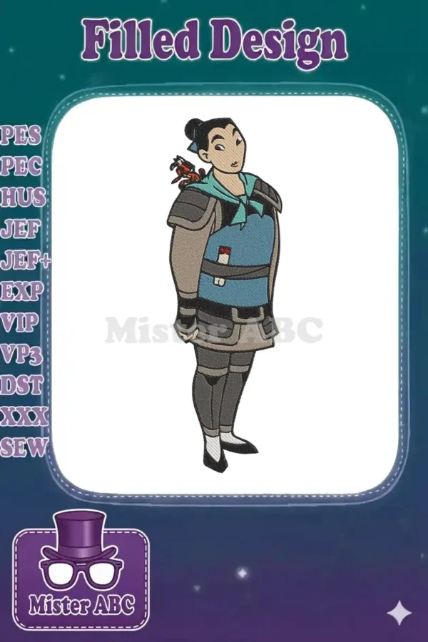 Striking Mulan warrior embroidery design, full-body view, showcasing detailed armor and determined expression.