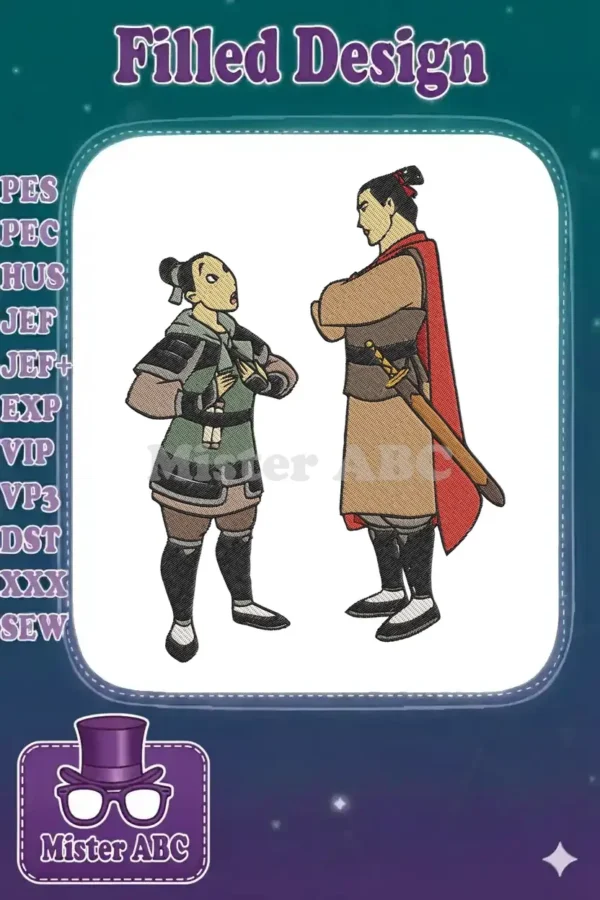 Dynamic embroidery design of Mulan (as Ping) and Li Shang, capturing their iconic expressions and attire.