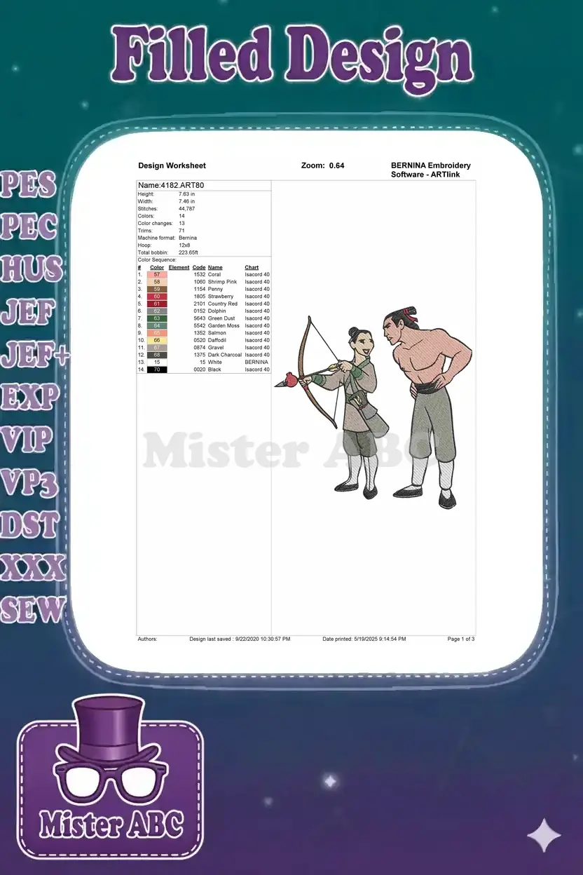 Embroidery design worksheet detailing Mulan and Shang's dimensions, stitch count, and thread color chart.