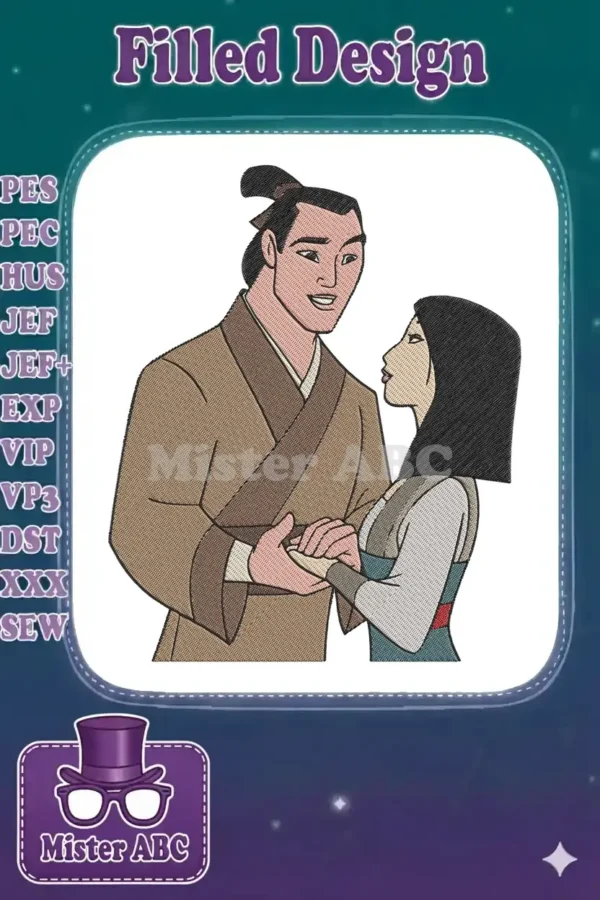 A heartwarming embroidery design of Disney's Mulan and Captain Li Shang holding hands, full of romantic detail.