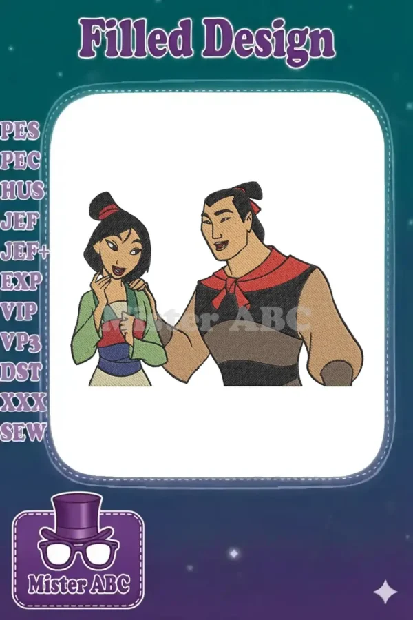 Detailed embroidery design featuring Disney's Mulan and Li Shang, showcasing their iconic animated look with rich texture.