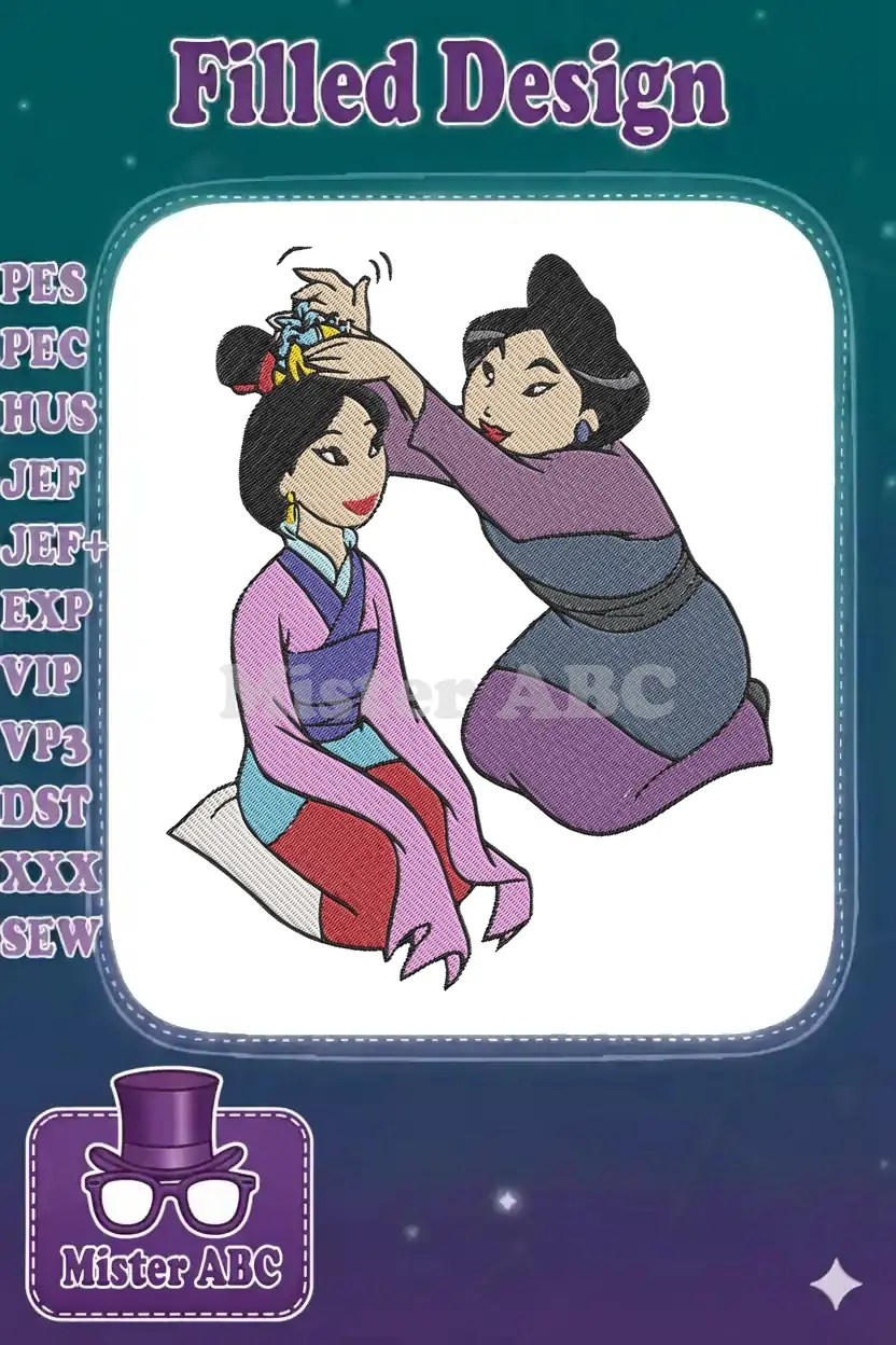 Mulan embroidery design depicting a solemn moment of preparation, with intricate details and vibrant thread colors.