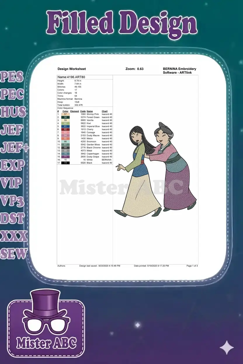 Embroidery design worksheet for Mulan and mother, detailing dimensions, stitch count, and color sequence.