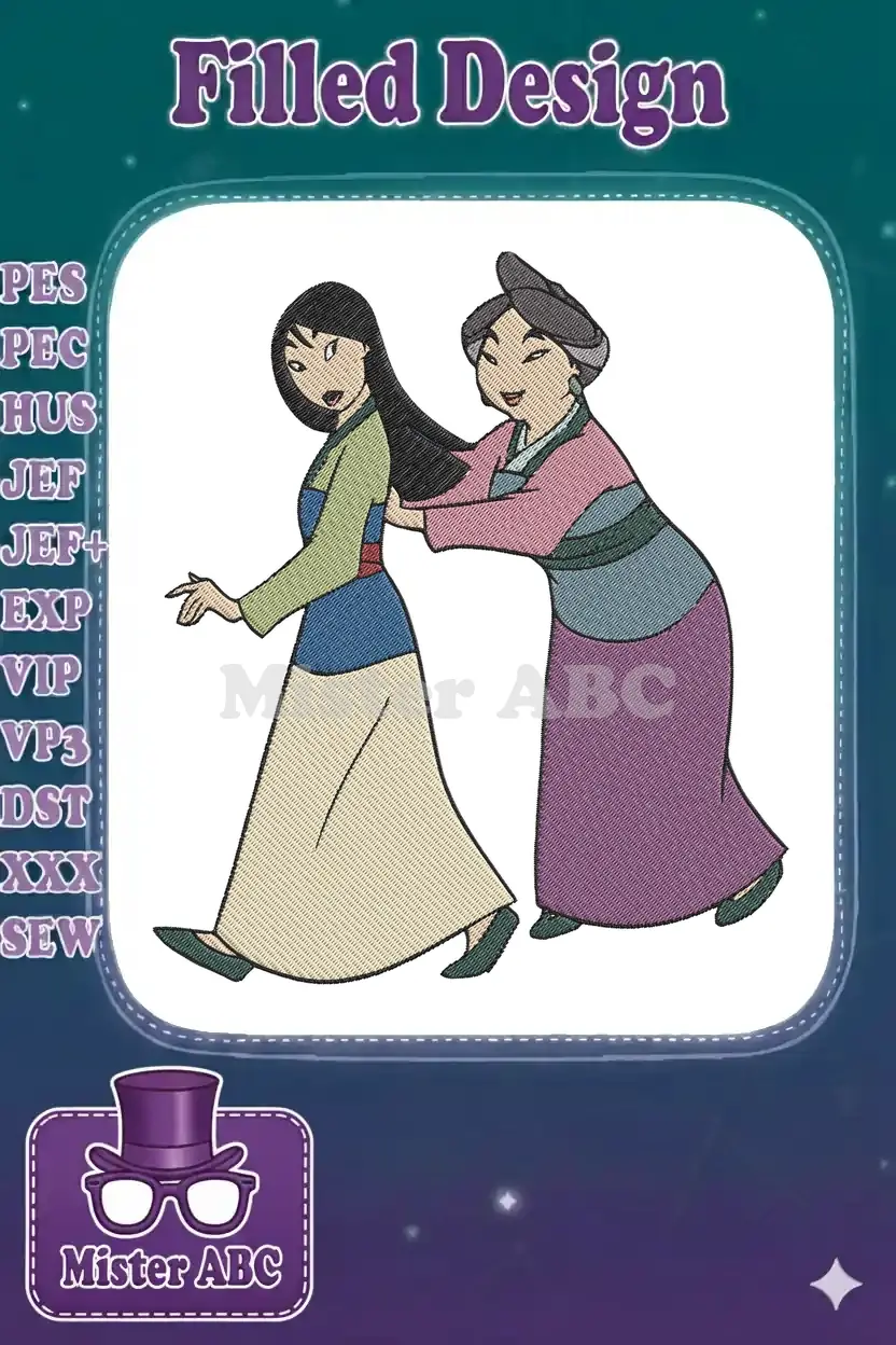 Mulan and her mother embroidery design, showcasing a loving embrace with intricate details and vibrant colors.