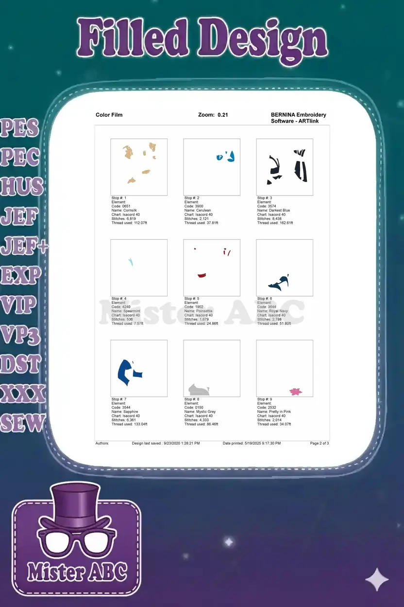 Color film breakdown for Mulan embroidery, showing individual stitch elements and their thread details across 9 stops.
