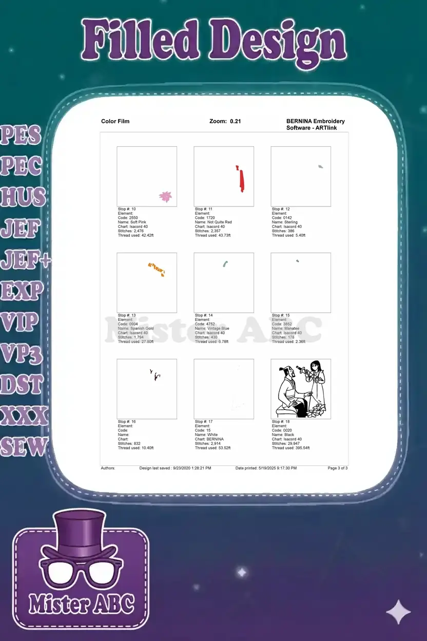 Continuation of the color film for Mulan embroidery, detailing the remaining stitch elements and final outline.