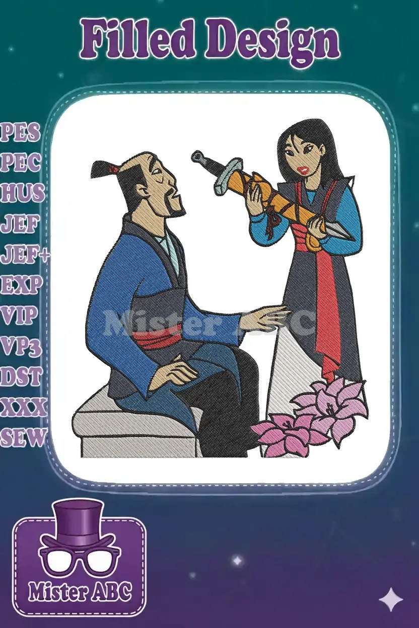 Mulan, dressed in warrior attire, presenting a sword to a seated, surprised male figure, with pink lotus flowers.