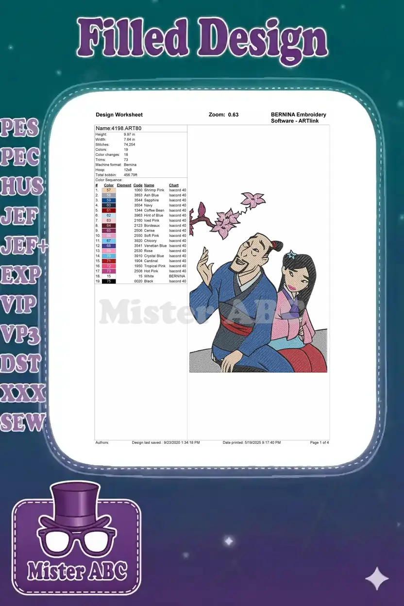 Bernina embroidery design worksheet showing Mulan and Fa Zhou, with dimensions, stitch count, and color chart.
